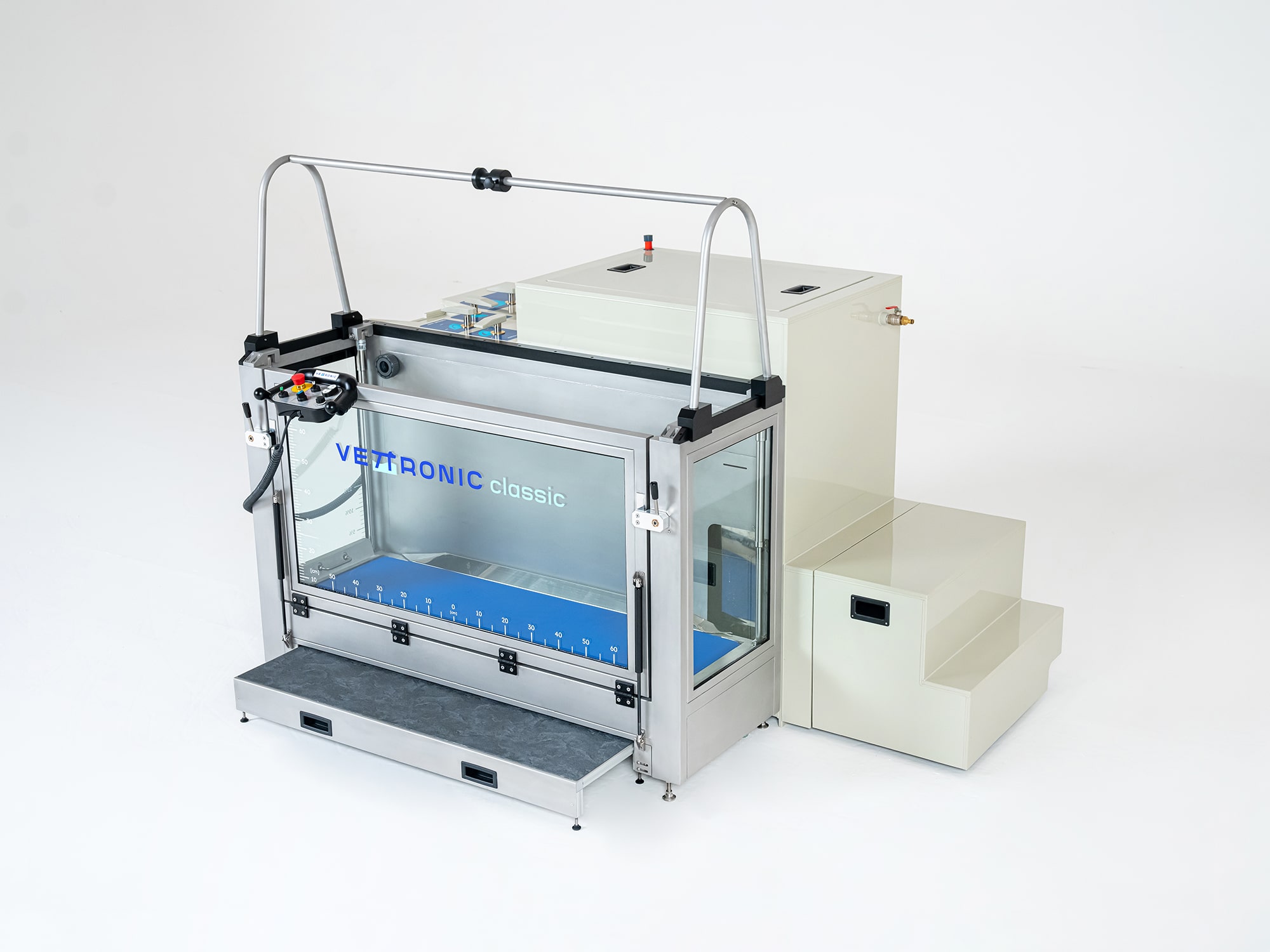 The external suspension frame for paralysed dogs attached to the underwater treadmill.