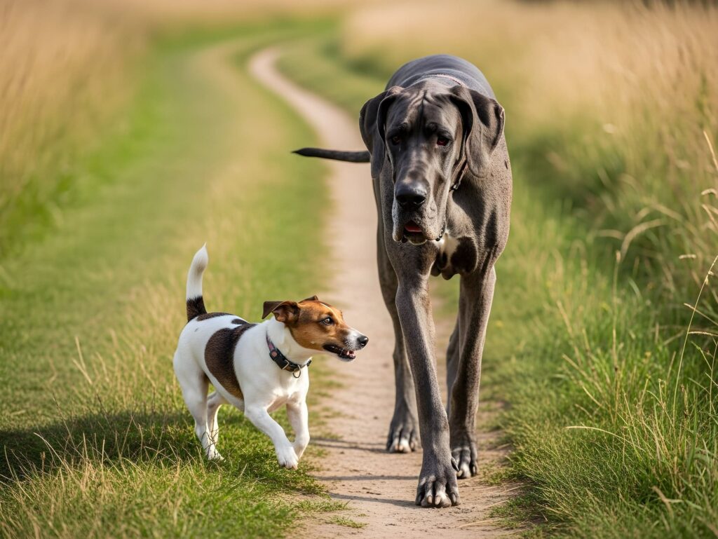 Zwei Hunde nebeneinander, ein kleiner Jack Russell Terrier und eine Deutsche Dogge.
